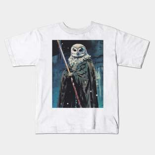 powerful mage with an owl mask on a dark blue background Kids T-Shirt